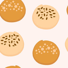 Sweet buns pastry seamless bakery pattern. Design for T-shirt, textile and prints. Hand drawn vector illustration.
