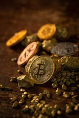 Gold bitcoin physical Bitcoin Cryptocurrency and Gold nugget grains.
