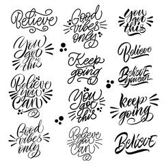 Good Vibes and positive thoughts letterings and other elements. Great lettering and calligraphy for greeting cards, stickers, banners, prints and home interior decor. Isolated vector