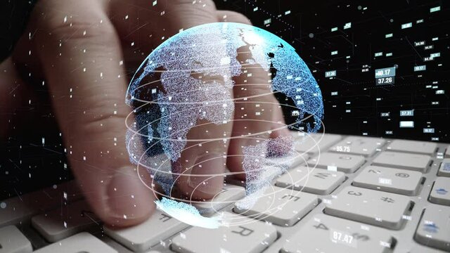 Man working on computer with graphic of mathematics coding modernization showing concept computer software development and programming science .