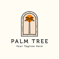 Palm or Coconut Line Art Logo Vector Illustration Design. Vintage Line Art Palm Tree Template Design. Sunset In The Island Logo Concept.