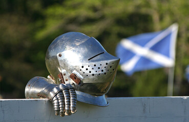 Knight Helmet and glove With Flag of Scotland in background