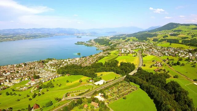Aerial view of natural landscape of Richterswil Municipality near Lake Zurich