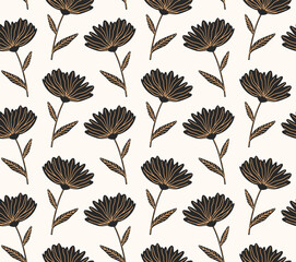 Black flower vector seamless pattern. Hand drawn modern floral background
