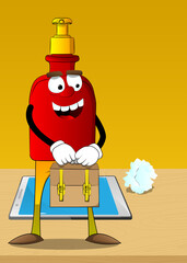 Cartoon bottle of hand sanitizer gel for hygiene with face holding small suitcase.