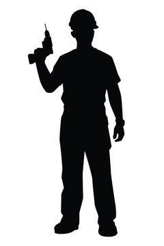 recommend clip art: Worker with driller silhouette vector on white background