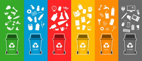 Colorful recycling bins for waste separation. Trash bin for garbage organic, plastic, glass, paper, metal, e-waste. vector illustration in flat style modern design. - obrazy, fototapety, plakaty