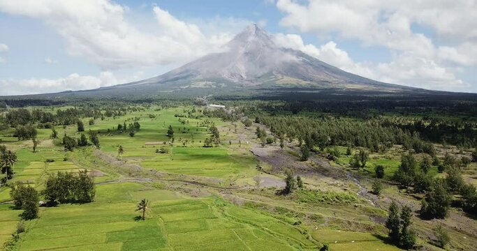 Aerial view of Mayon volcano and rice paddies, Legazpi, Philippines