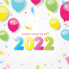 colorful 2022 Happy New Year Greeting with Scattered Balloons and Conffetis. Vector Illustration. Design element for flyers, leaflets, postcards and posters.