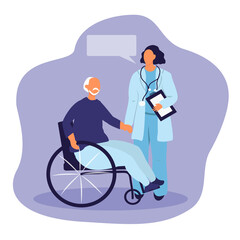 vector illustration - an elderly man in a wheelchair talking to a doctor. hand drawn illustration in flat style