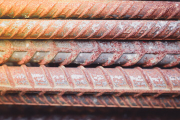 Reinforcement steel rod and deformed bar with rebar at construction site.