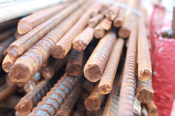 Reinforcement steel rod and deformed bar with rebar at construction site.