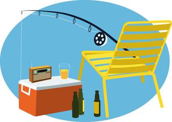 Plastic chair, fishing rod and a cooler with a radio and glass of beer, prepared for a weekend fishermen, EPS 8 vector illustration