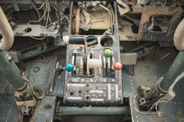 Interior of pilot\'s cabin of an old abandoned Soviet small propeller plane