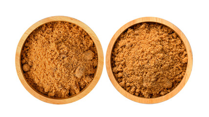 Brown sugar in wood bowl on white background