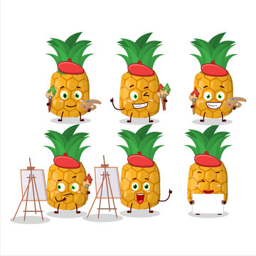 Artistic Artist of pineapple cartoon character painting with a brush