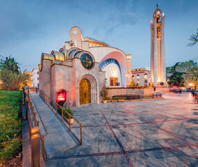 Splendid spring view of Resurrection of Christ Orthodox Cathedral. Picturesque sunset in capital of...