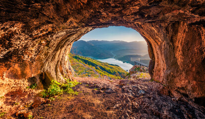 Fantastic view from the cave of Bovilla Lake, near Tirana city located. Superb spring landscape. Unbelievable outdor scene of Albania, Europe. Beauty of nature concept background. - obrazy, fototapety, plakaty