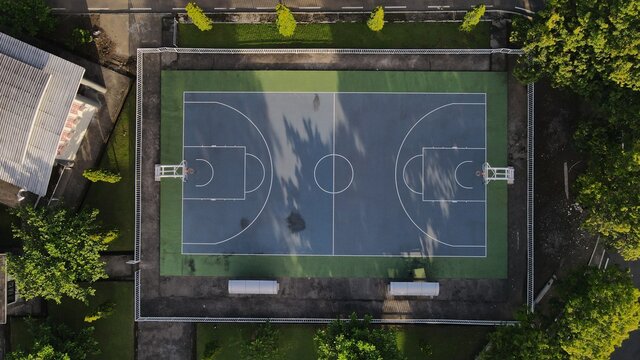 Aerial view, basketball court taking photos in the morning