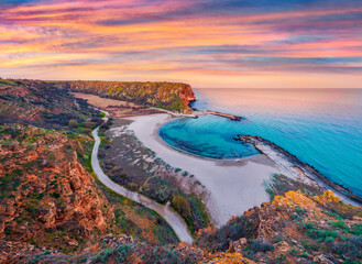 Aerial spring seascape of Black sea. Splendid sunrise on Bolata beach.in Bulgaria, Europe. Beauty of nature concept background. - obrazy, fototapety, plakaty