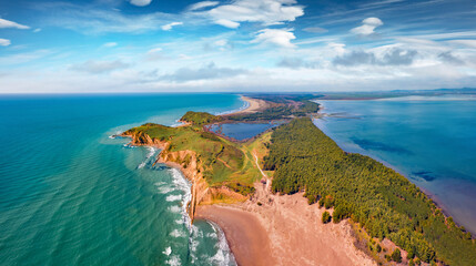 Aerial landscape photography. Breathtaking spring view from flying drone of Zvernec Beach. Captivating seascape of Adriatic sea. Fantastic morning scene of Albania, Europe.