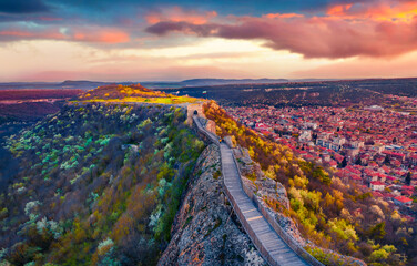 Provadia, Bulgaria - 16.04.2021. Adorable sunset on Ovech Fortress. Colorful spring cityscape of...