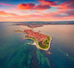 Beautiful summer scenery. View from flying drone of old town of Nessebar. Astonishing seascape of...