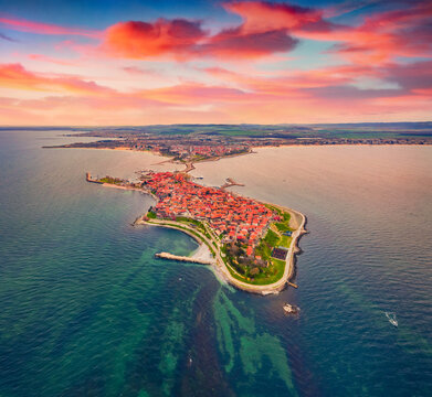 Beautiful summer scenery. View from flying drone of old town of Nessebar. Astonishing seascape of Black sea. Aerial outdoor scene of Bulgaria, Europe. Traveling concept background.