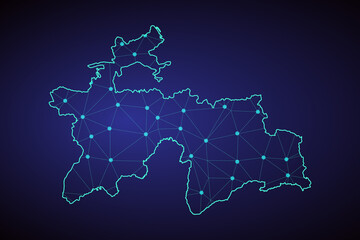 Fototapeta premium Map of Tajikistan. Wire frame 3D mesh polygonal network line, design sphere, dot and structure. communications map of Tajikistan. Vector Illustration EPS10. 