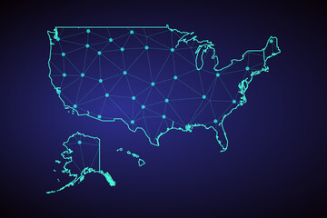 Map of United States. Wire frame 3D mesh polygonal network line, design sphere, dot and structure. communications map of United States. Vector Illustration EPS10.