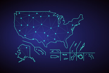 Map of United States. Wire frame 3D mesh polygonal network line, design sphere, dot and structure. communications map of United States. Vector Illustration EPS10. 