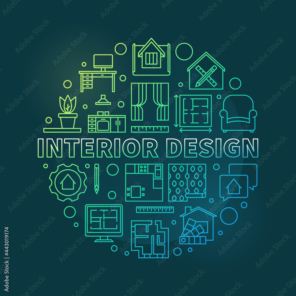 Poster interior design vector round colored outline illustration