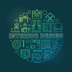 Interior Design vector round colored outline illustration