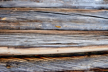 the wall of a wooden house made of old logs