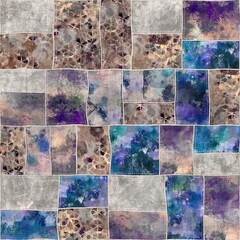 Seamless patchwork collage mix quilt pattern print. High quality illustration. Random selection of small rectangular fabric patterns stitched together digitally into a seamless pattern for print.