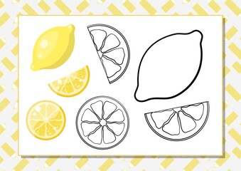 The task for preschool children to develop fine motor skills. Vector illustration. Worksheet for printing. Yellow lemon.