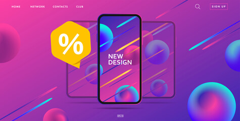 Web banner for landing page promo with smartphone gadget discounts on futuristic space background