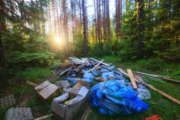 forest garbage dump ecology concept, pollution nature protection of forest from garbage