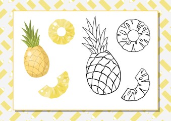 The task for preschool children to develop fine motor skills. Vector illustration. Worksheet for printing. Yellow pineapple.
