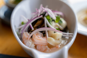 Delicious mix ceviche, sea food entrance with shrimp, octopus, shells, fish 