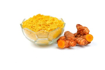 Turmeric (Curcuma longa) with turmeric powder, isolated on a white background