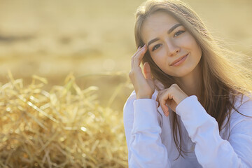 girl summer tenderness white shirt field, happiness freedom look woman