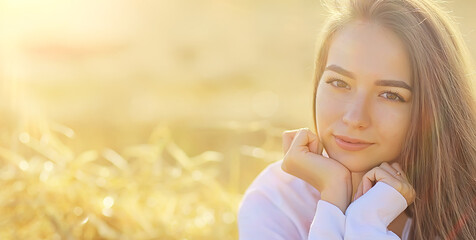 summer sunny portrait of a happy girl, female happiness sun glare straw field country style