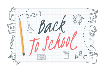 Back to school text on paper with hand drawn icons around it