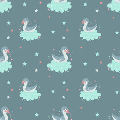 Childrens cartoon seamless pattern goose sleeping on a cloud on a grey background. Perfect for printing on fabric, wrapped paper, wallpaper, nursery clothing.