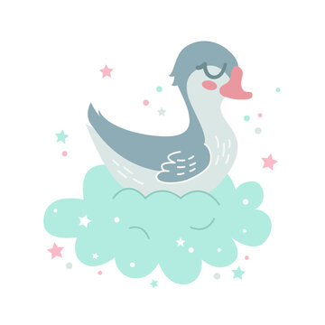 Vector illustration of a little goose sleeping on a cloud isolated on a white background. Perfect for a poster, nursery clothing, postcard, print.