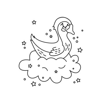 Coloring page antistress. Little goose sleeping on a cloud isolated on a white background.Vector illustration for art therapy, antistress coloring book for adults and children.