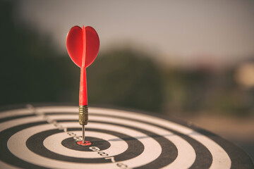 Bulls eye or bullseye target or dart board has red dart arrow throw hitting the center of a...