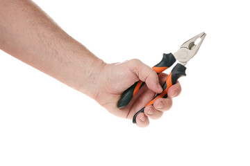 Hand holds pliers on a white background, a template for designers