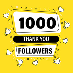 Banner, poster, icon Thank you for 1000 followers in Memphis style with heart and thumb up icons - obrazy, fototapety, plakaty